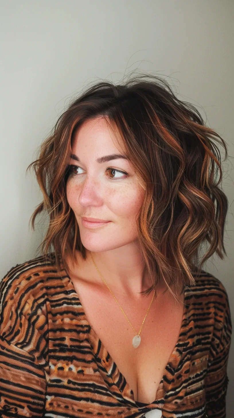 This long layered bob features loose, voluminous waves and warm, subtle highlights that enhance the texture and depth of the hairstyle. The layers are cut to add movement and frame the face, making it a great option for those looking for a playful yet sophisticated look.