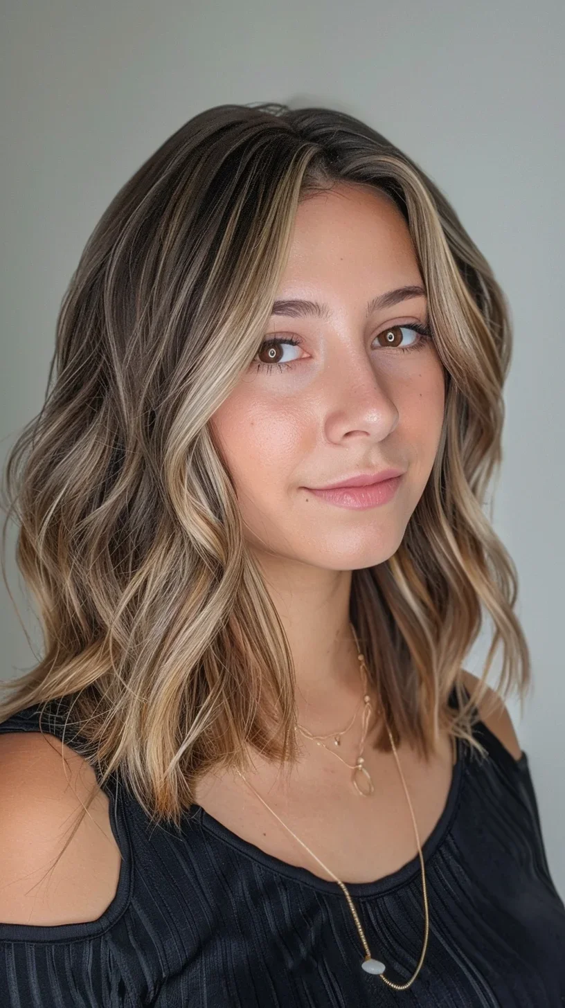 Here, the long layered bob is styled with soft, cascading waves and a center part, offering a balanced and symmetrical look. The highlights add dimension and brighten the face, while the layers create a gentle framing effect, suitable for various face shapes and ideal for a polished everyday style.