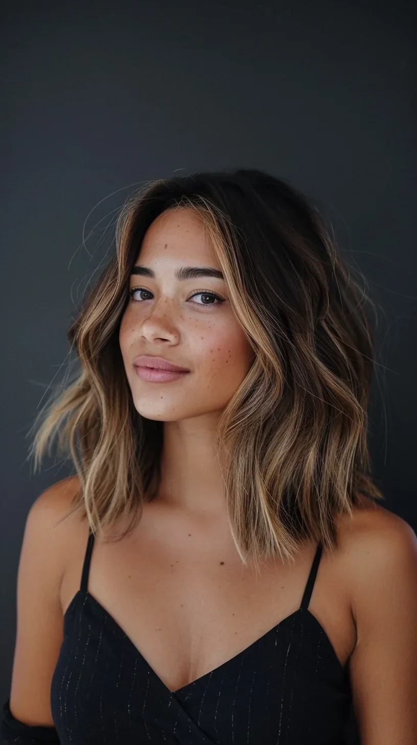 This hairstyle showcases a sleek long layered bob with natural waves and a slightly off-center part. The layers add volume and movement, while the subtle balayage highlights provide a sun-kissed effect. This versatile look is perfect for adding a touch of elegance and can be easily styled for both casual and formal occasions.