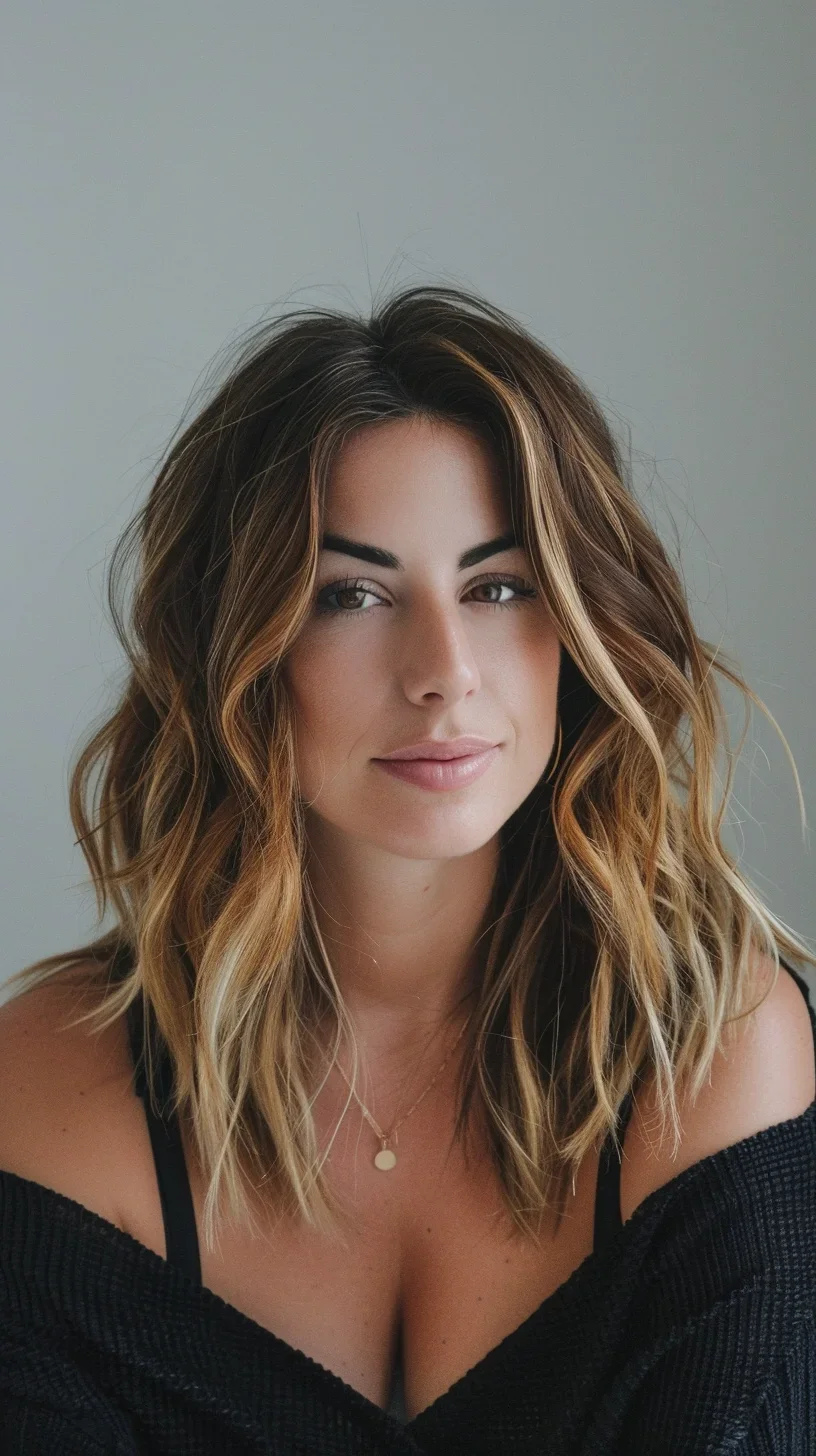 The next hairstyle showcases a long layered bob with loose, tousled waves and rich, warm balayage highlights. The layers add volume and depth, while the slightly off-center part gives a casual yet chic vibe. This versatile style works well for various face shapes, offering a blend of elegance and modernity.