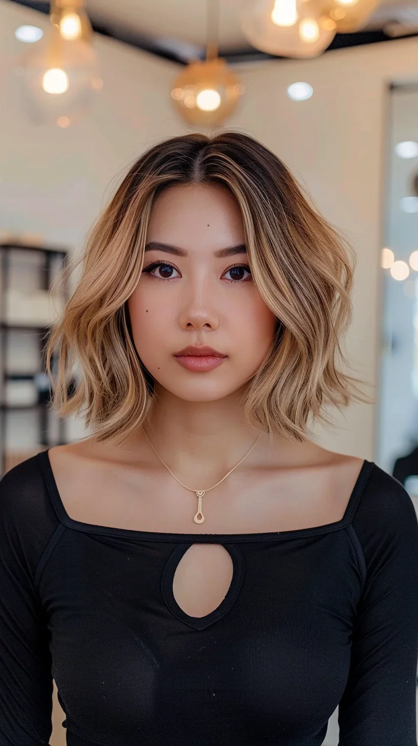 A stunning example of a long layered bob, this style features a rich dark base subtly transitioning into lighter, sun-kissed tips. The soft waves add volume and movement, while the middle part frames the face beautifully, enhancing natural features.