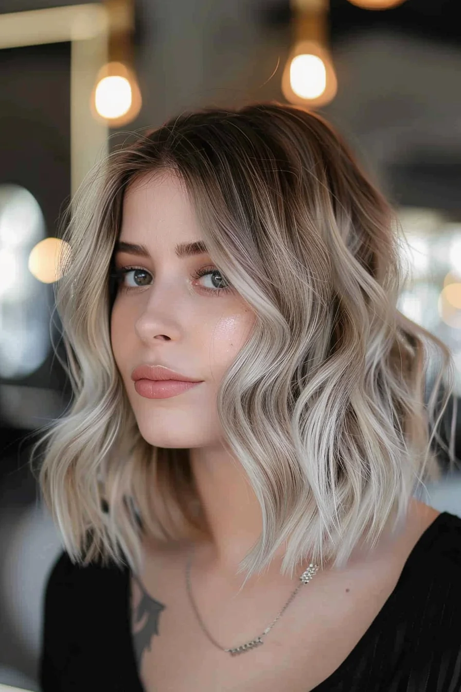 A striking bob featuring a platinum blonde color with subtle darker roots for a modern, edgy look. The waves are structured yet soft, giving the style a defined shape while maintaining a relaxed, casual elegance. The length and layers add a playful bounce to the overall appearance.