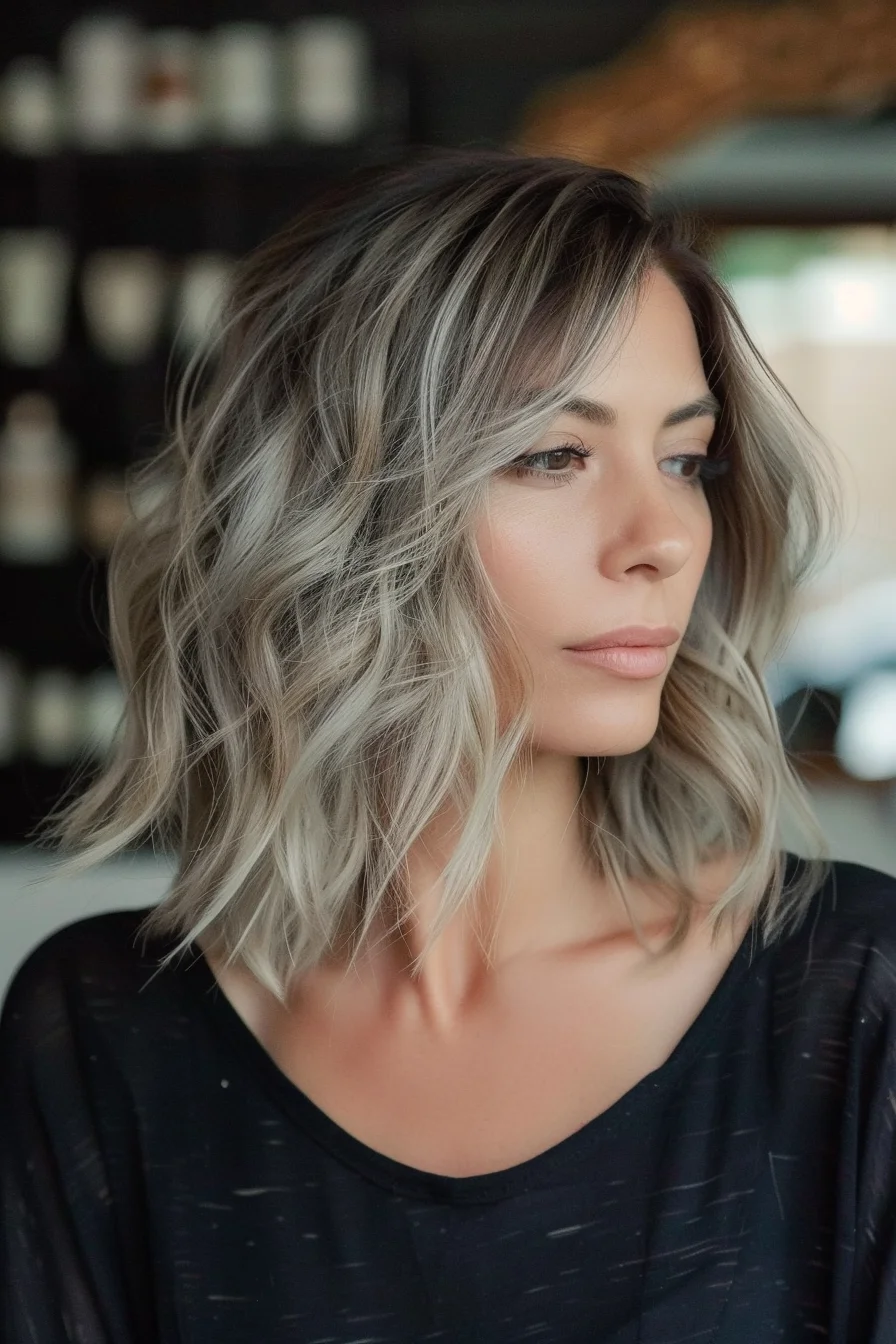 A chic, long bob featuring a cool ash blonde shade with hints of silver, perfect for creating a modern, edgy look. The layers are softly tousled, adding volume and movement, while the overall texture exudes an effortless, windswept vibe.