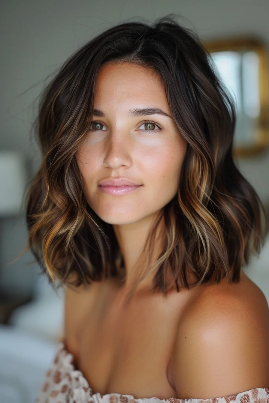 A warm, sun-kissed long bob with rich brunette roots and subtle caramel highlights. The soft, beachy waves and gentle layers create a natural, effortless look, perfect for those seeking a style that exudes casual chicness and timeless appeal.