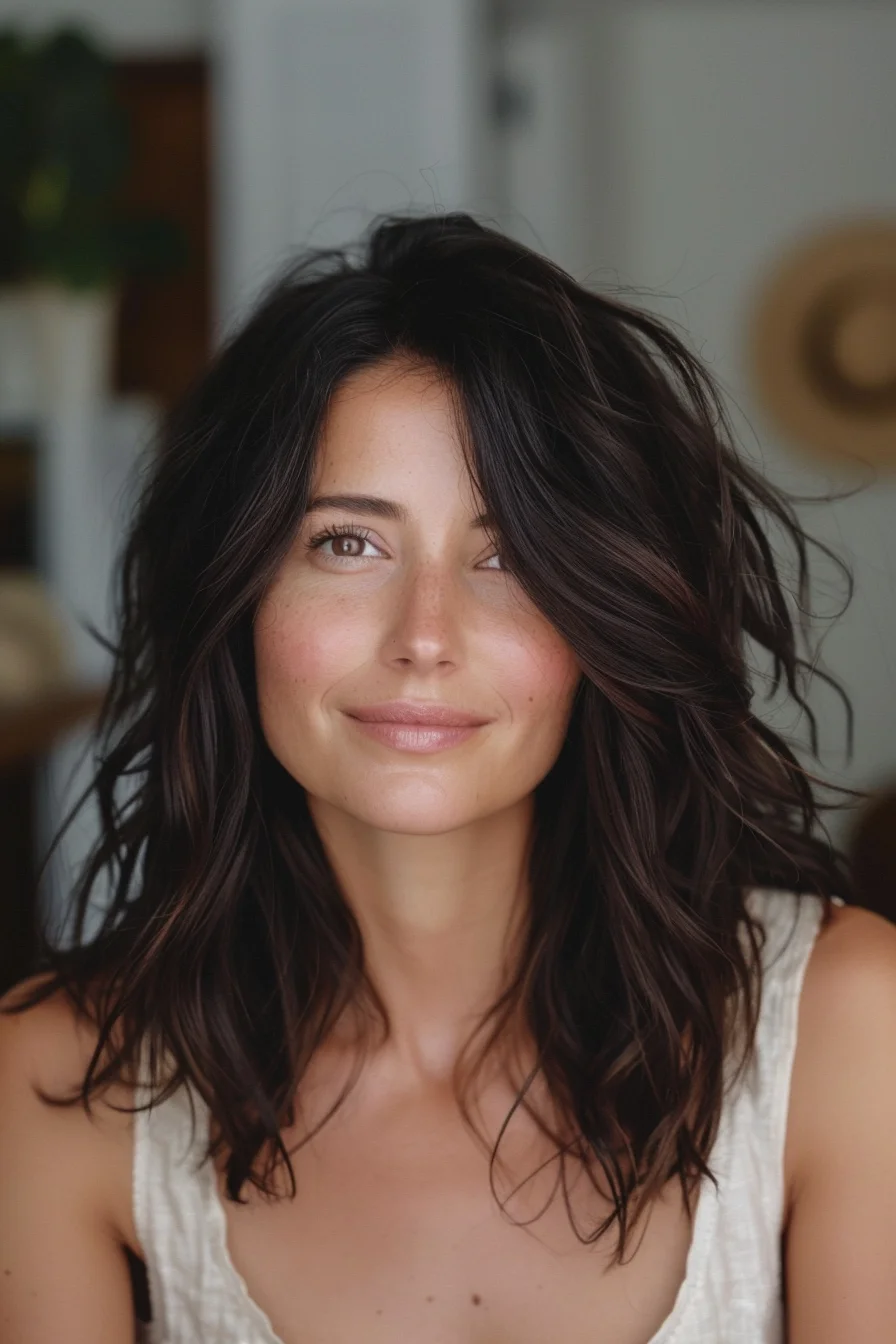 This dark brunette long bob features a mix of messy waves and textured layers, adding depth and dimension to the hair. The slightly tousled look gives off a relaxed, bohemian vibe, ideal for those who love a laid-back yet stylish appearance.