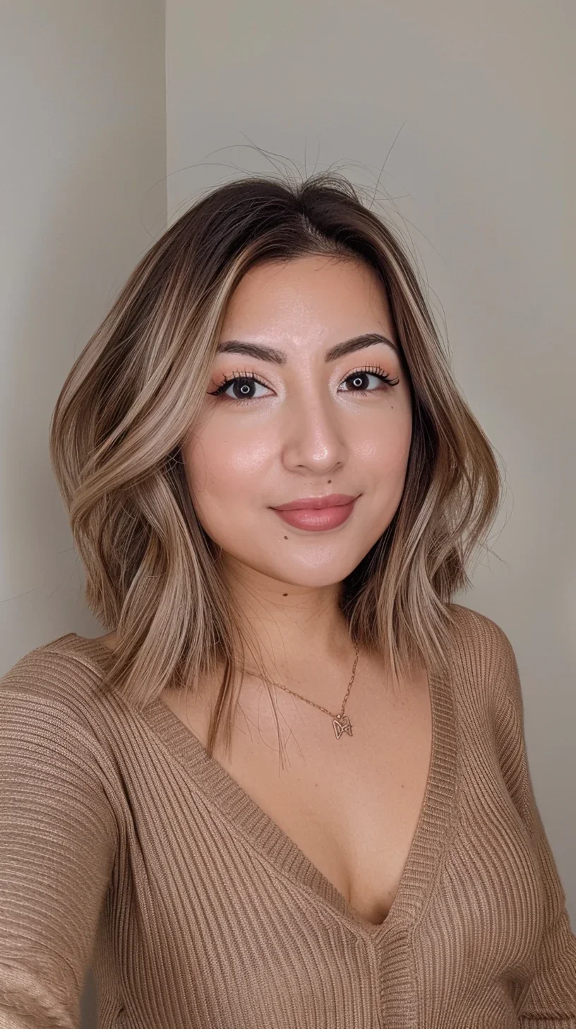 A chic, shoulder-grazing bob with a blend of warm caramel and honey tones. The layers are delicately feathered, creating a soft, airy texture. This style emphasizes the natural wave pattern, offering a relaxed yet polished look suitable for various occasions.