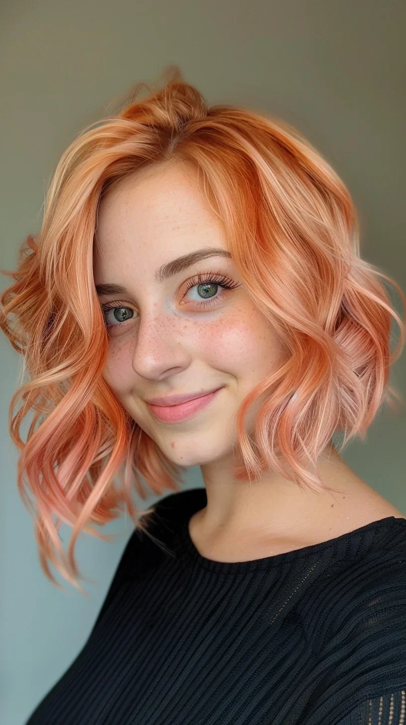 This vibrant bob showcases a bold peachy-orange hue, offering a playful and youthful vibe. The layered waves are meticulously cut to enhance the hair's natural texture, giving the overall style a lively bounce and an effortlessly chic appearance.