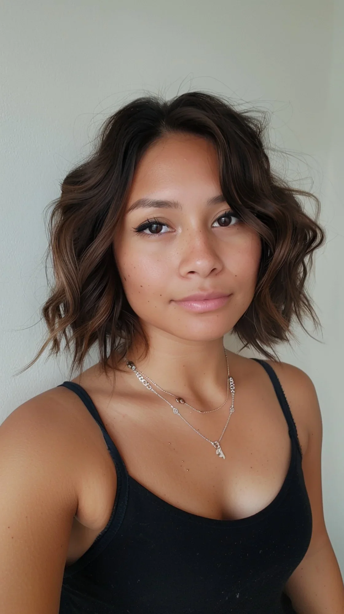 With a rich chocolate brown base, this long layered bob adds depth and dimension through its subtle layering. The waves are styled in a loose, tousled manner, providing a laid-back yet sophisticated vibe that suits both casual and formal settings.