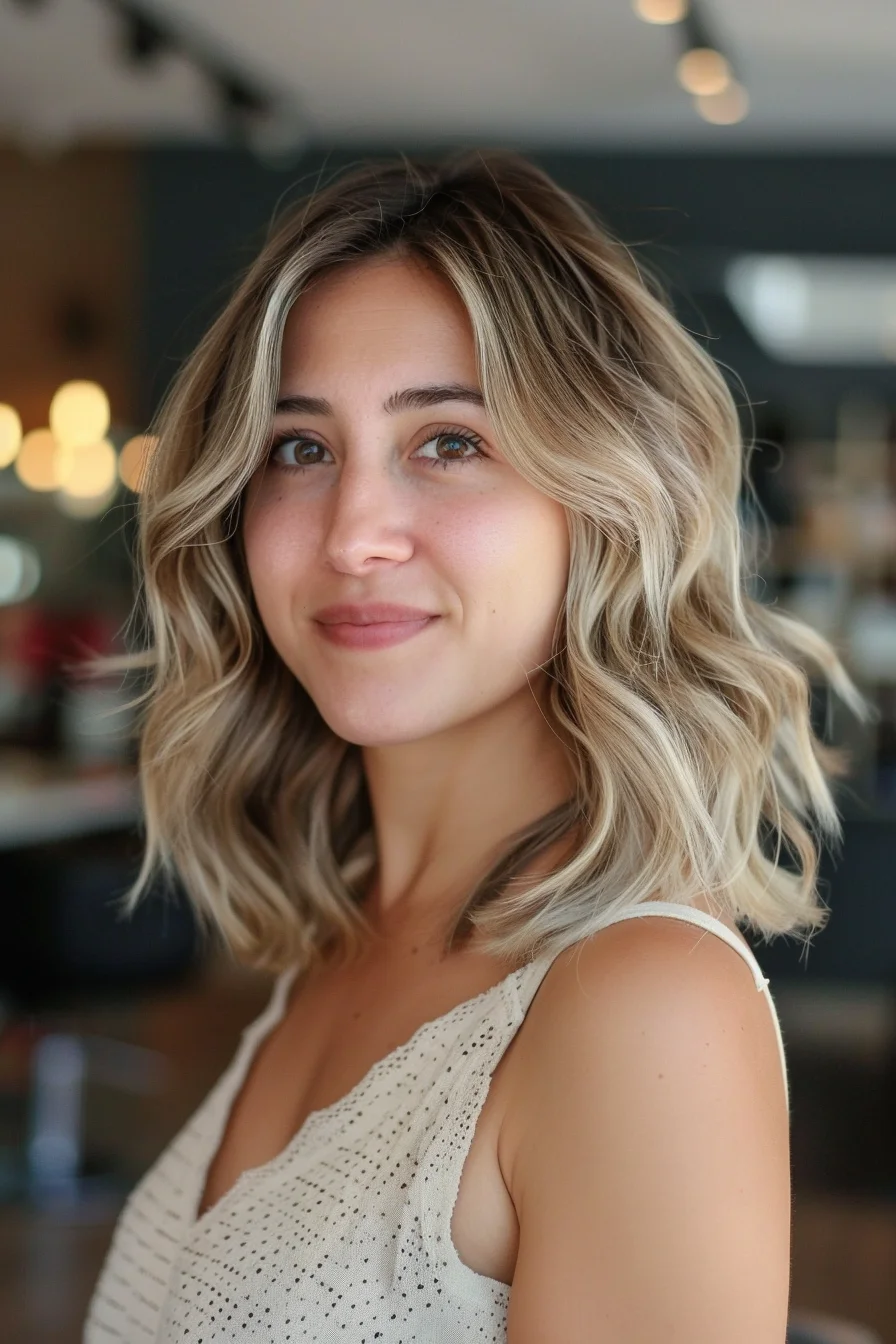 This modern bob features a cool-toned blonde balayage, expertly blended with darker roots. The layers are finely sliced to create a soft, voluminous shape, while the loose waves give a beachy, effortless feel. The side part adds an elegant touch to this versatile hairstyle.