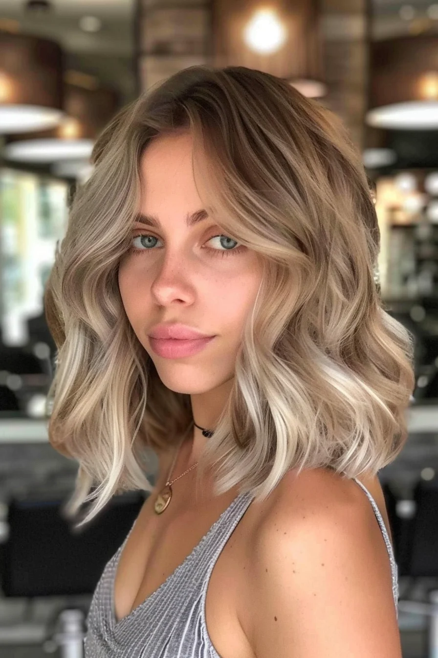 A beautiful long bob with soft, cascading waves that start from the crown, creating a voluminous and airy look. The hair color is a blend of cool, ashy blonde tones that gradually transition into lighter, almost platinum tips, offering a fresh and youthful vibe.