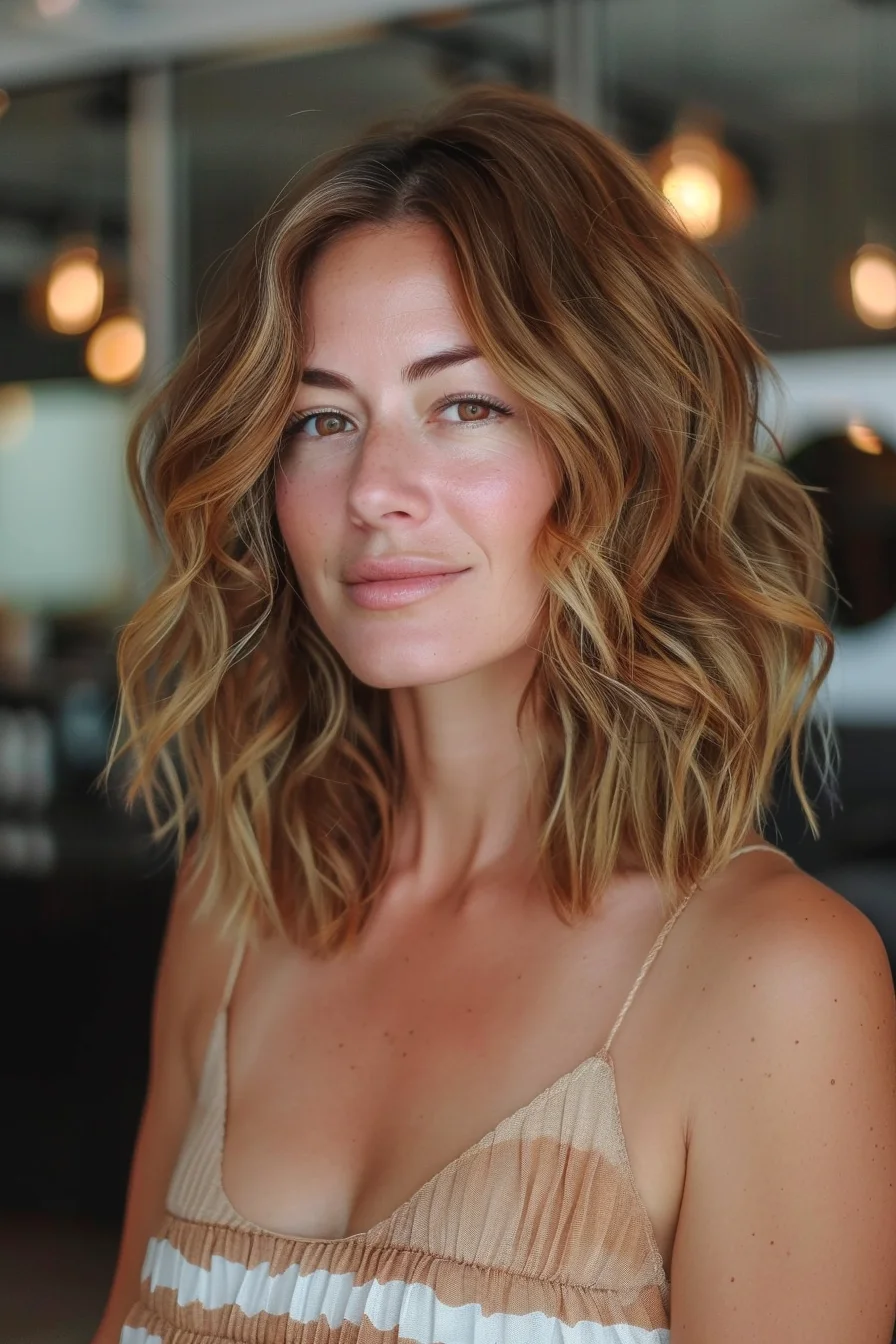 A warm, honey-toned bob with loose, tousled waves that give a casual yet refined appearance. The layers are subtly textured to create a soft, feathered finish. This hairstyle exudes a relaxed, beachy vibe, making it perfect for everyday wear or casual outings.