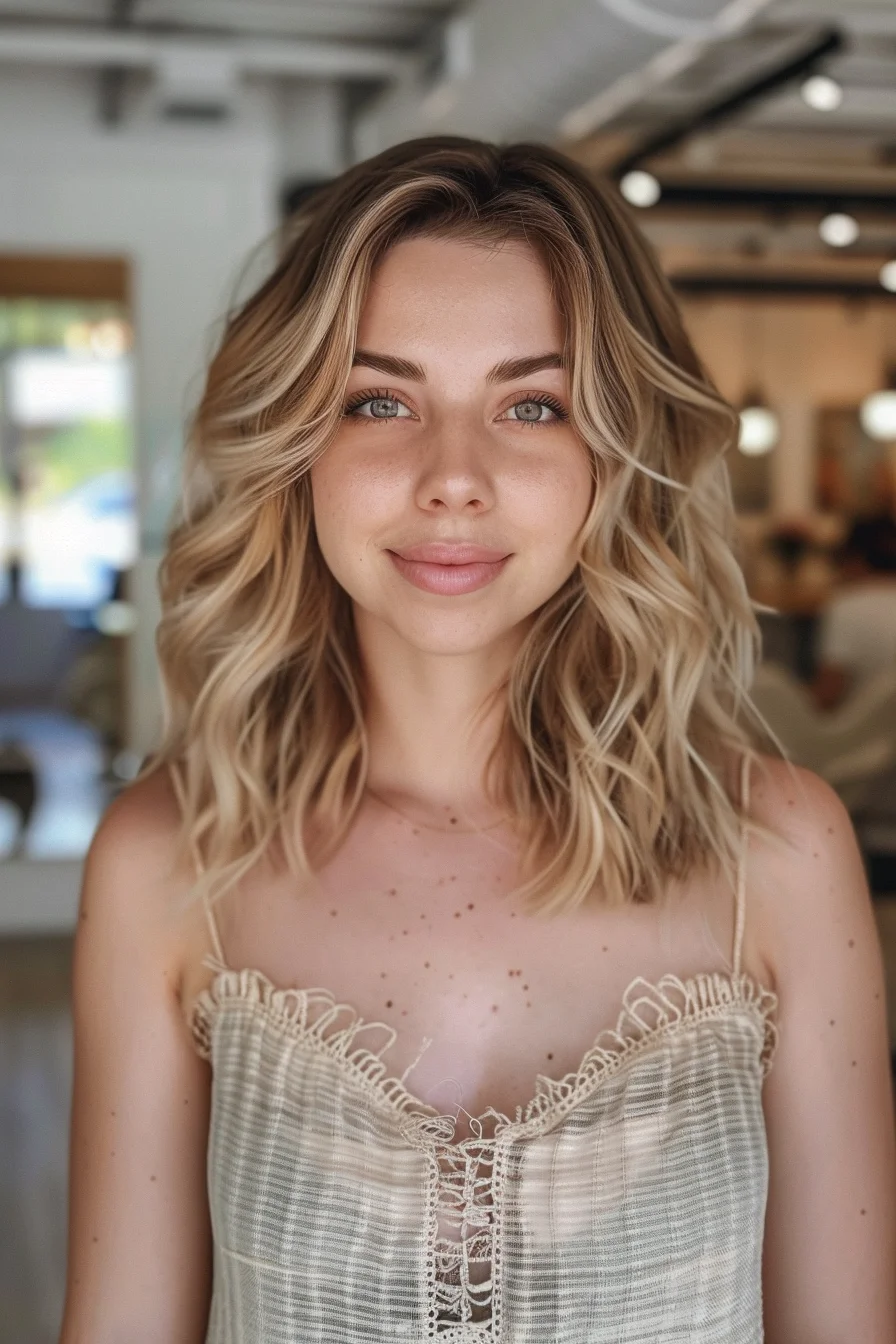 This style showcases a long layered bob with golden blonde highlights that frame the face beautifully. The waves are soft and natural, adding volume and movement. The lighter ends contrast with the darker roots, providing a sun-kissed, summery feel.