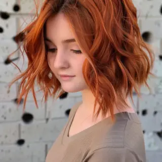 A chic, wavy bob that sits gracefully at the shoulders, this hairstyle exudes a youthful vibe. The cowboy copper color adds depth and richness, while the soft waves provide a bouncy, airy feel. Ideal for those looking for a stylish and easy-to-maintain cut.
