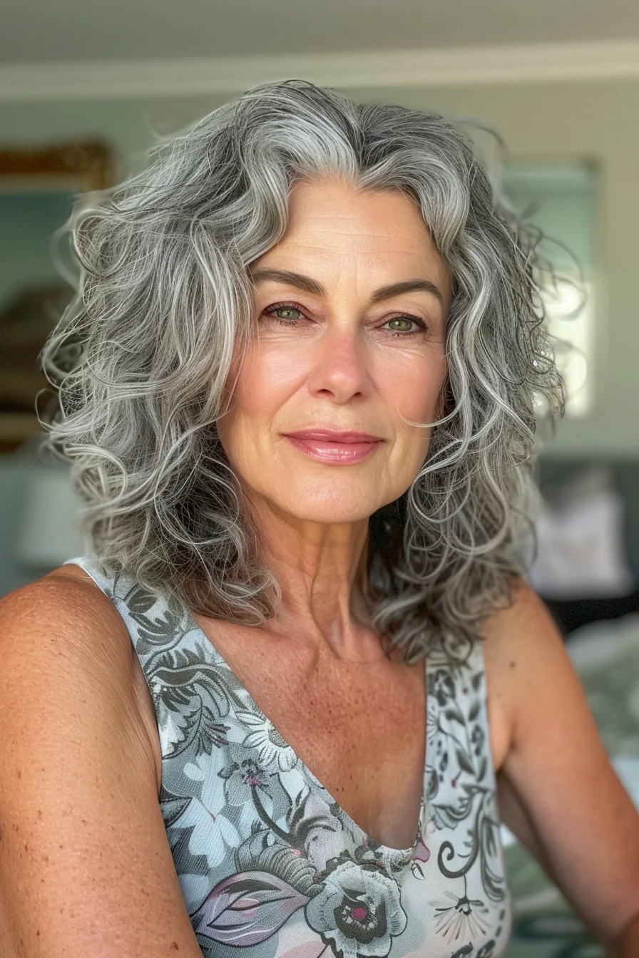 Embrace your natural gray with a medium-length curly haircut that exudes timeless elegance. The soft, voluminous curls frame the face beautifully, enhancing the natural texture and movement. This hairstyle showcases a graceful blend of silver and darker roots, creating a sophisticated, dynamic look that's effortlessly chic. Perfect for those who want to highlight their natural beauty and embrace their silver strands with style.