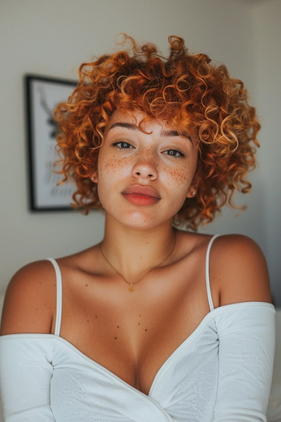 Bright and bold, this short curly bob in a vibrant orange hue is all about fun and energy. The tight curls are styled to create a fluffy, voluminous look that is both playful and chic. The striking orange color adds a unique and trendy touch, making this hairstyle perfect for those who love to stand out and embrace their curls with confidence.