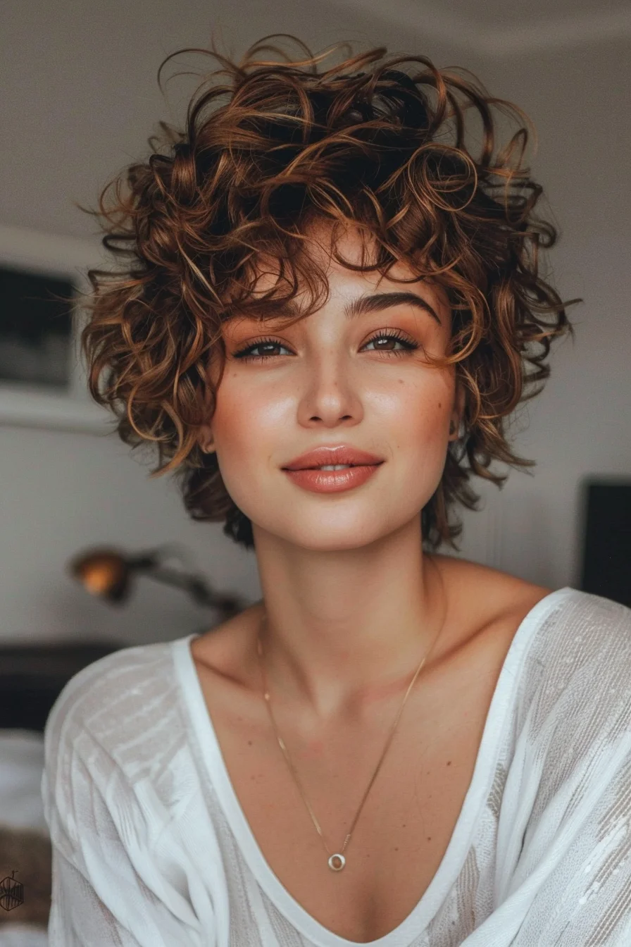A chic short bob with tight, bouncy curls in a warm chestnut brown. The textured layers create a voluminous effect, while the curls add a playful, youthful vibe. This hairstyle combines elegance with a touch of fun, making it ideal for those who want a stylish yet effortless look that highlights their natural curl.