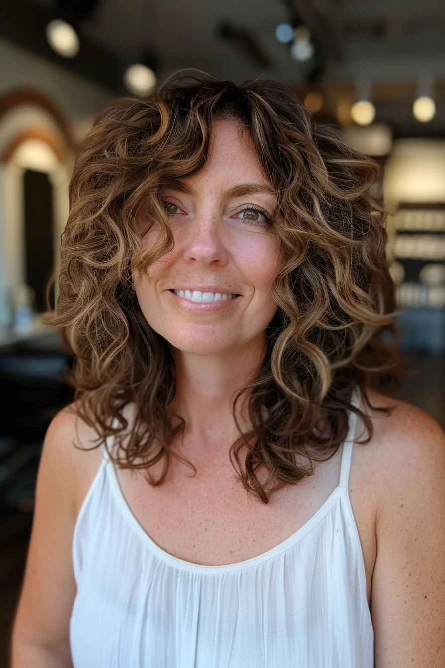 Medium-length curls with a soft wave, highlighted with subtle honey tones that blend seamlessly with the natural brunette base. The layered cut adds texture and volume, giving the curls a light, airy feel. This hairstyle offers a natural, relaxed look that's easy to maintain and perfect for everyday wear.