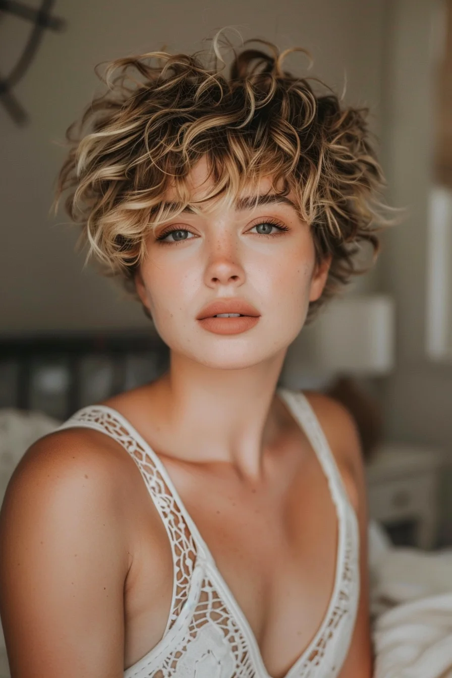 A short, edgy curly cut with light blonde highlights, giving a modern twist to a classic pixie. The curls are defined and voluminous, adding texture and movement. This bold and trendy look is great for those who want a low-maintenance style that still makes a statement with its striking contrast and playful curls.