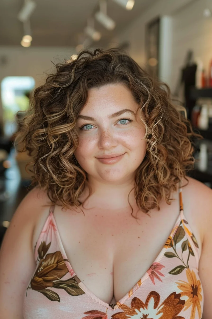 A beautiful curly bob with a natural brunette base and sun-kissed blonde highlights. The curls are well-defined and voluminous, creating a full, lush appearance. This hairstyle offers a fresh, radiant look, making it ideal for those who want to embrace their curls with added brightness and warmth.