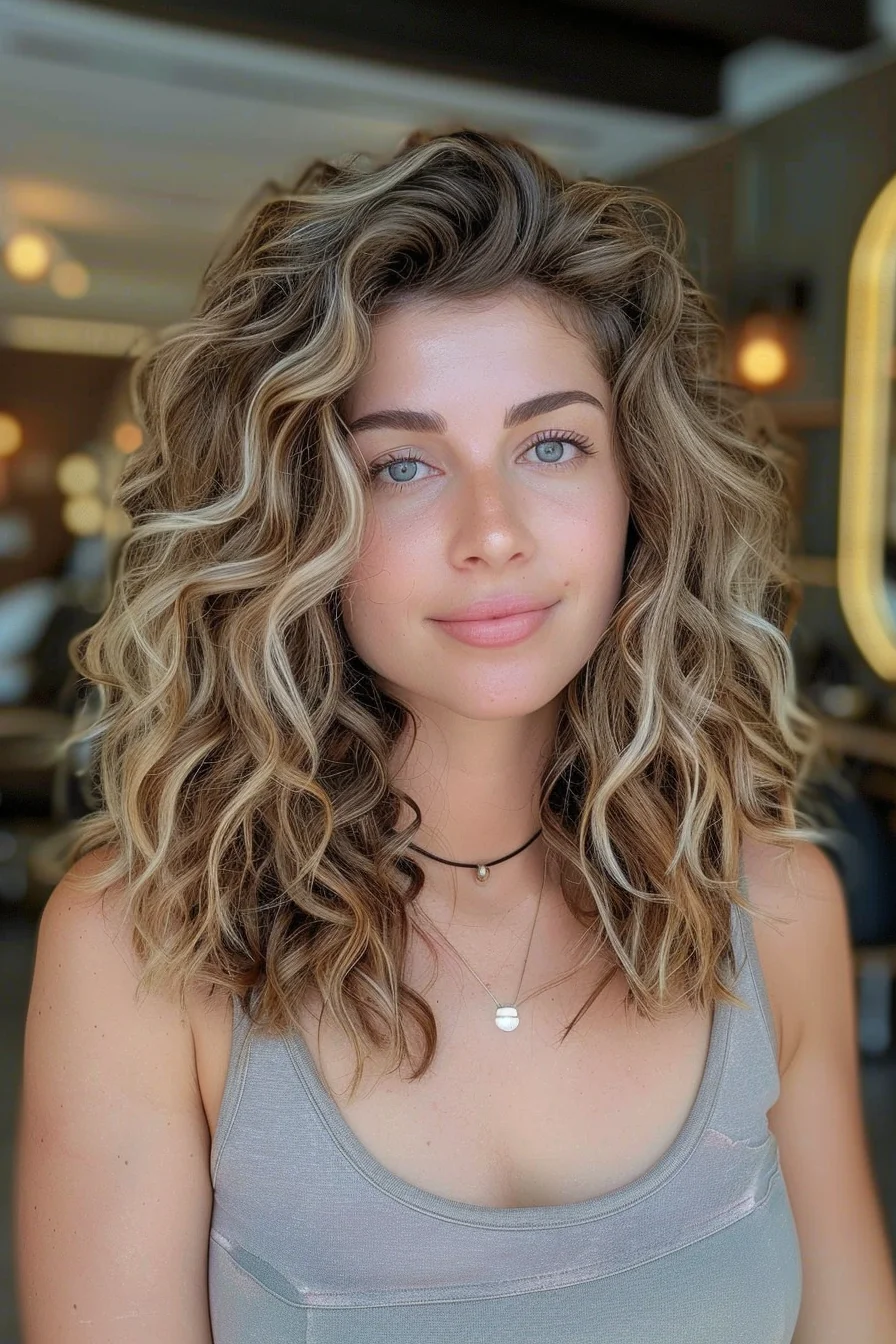 Radiant blonde highlights accentuate the soft curls of this shoulder-length haircut, adding depth and dimension. The natural curls are enhanced with subtle layers, creating a bouncy, lively look. This style beautifully combines light blonde and caramel tones, offering a sun-kissed appearance that brightens the overall look. It's a youthful, energetic hairstyle that emphasizes the natural beauty of curly hair while keeping maintenance low.