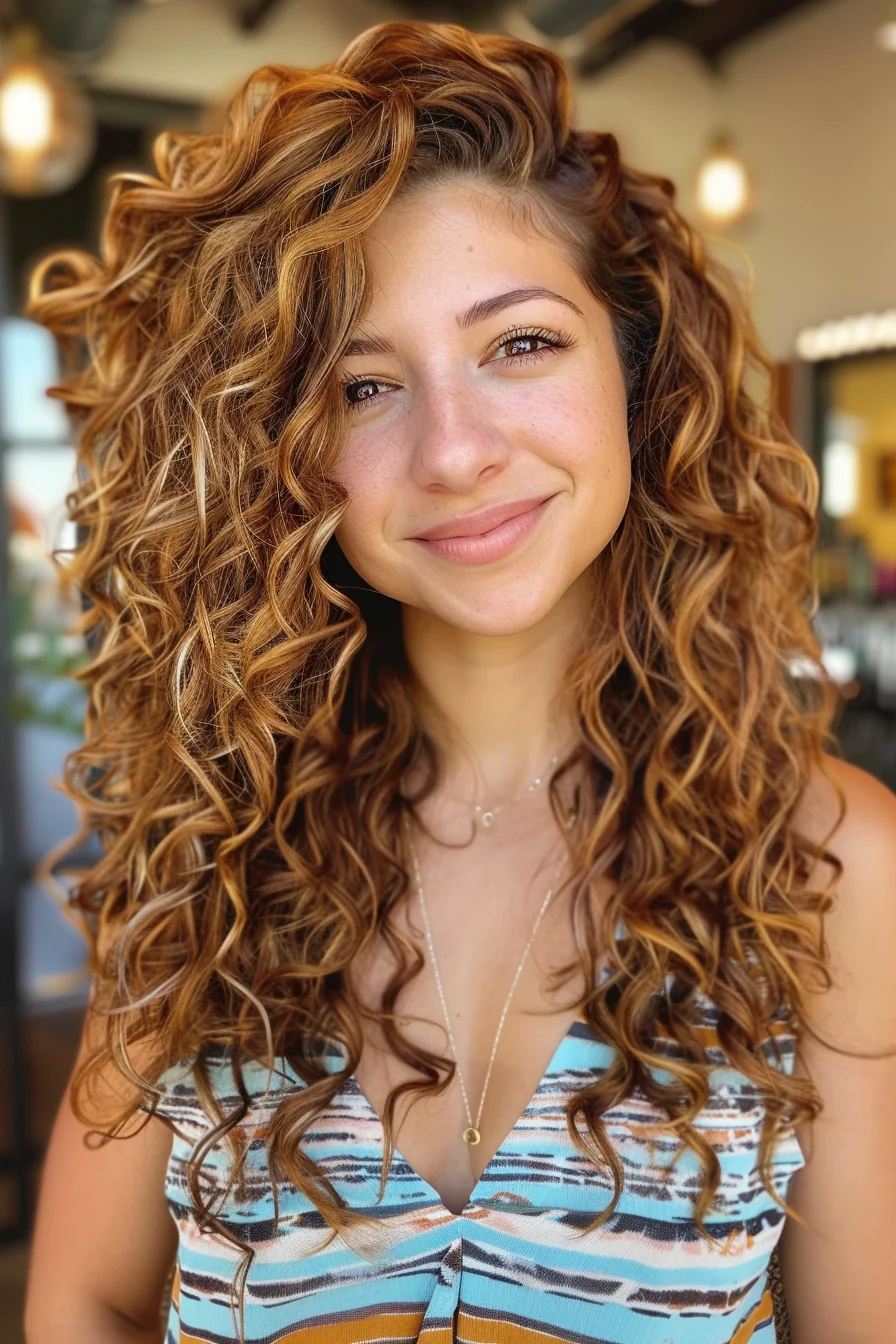 Warm auburn hues complement the cascading curls in this medium-length hairstyle. The curls are defined yet soft, providing a voluminous and full-bodied appearance. The layered cut adds texture and movement, making the hair look thicker and more dynamic. This style is perfect for those looking to add warmth and vibrancy to their curly hair, with rich tones that bring out the best in the natural curl pattern.