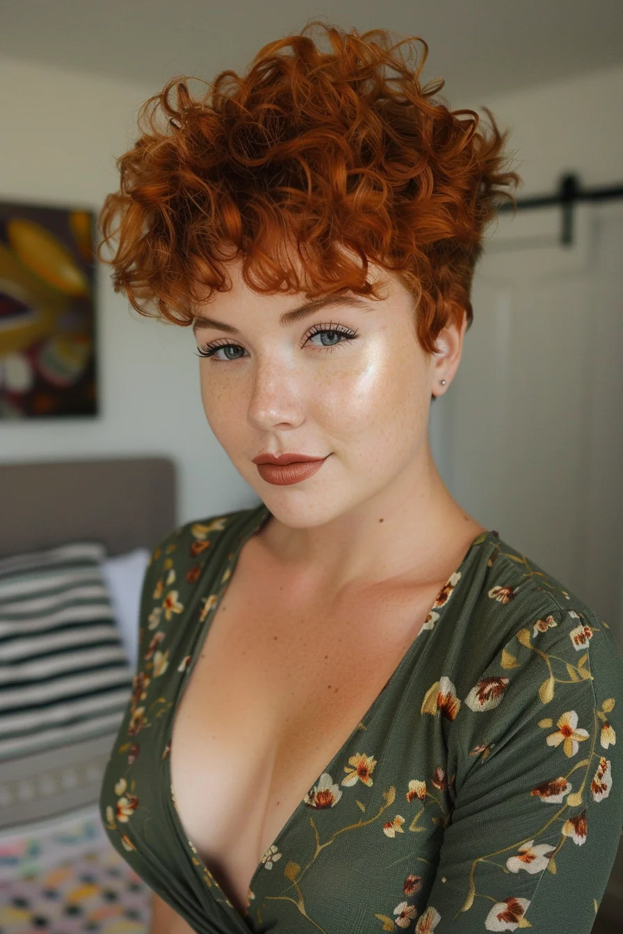 Short and fiery, this curly pixie cut in vibrant red is all about boldness and confidence. The tight curls are textured to create a voluminous and edgy look, while the bright red hue adds a dramatic flair. Ideal for those looking to make a statement, this haircut combines playful curls with a striking color.