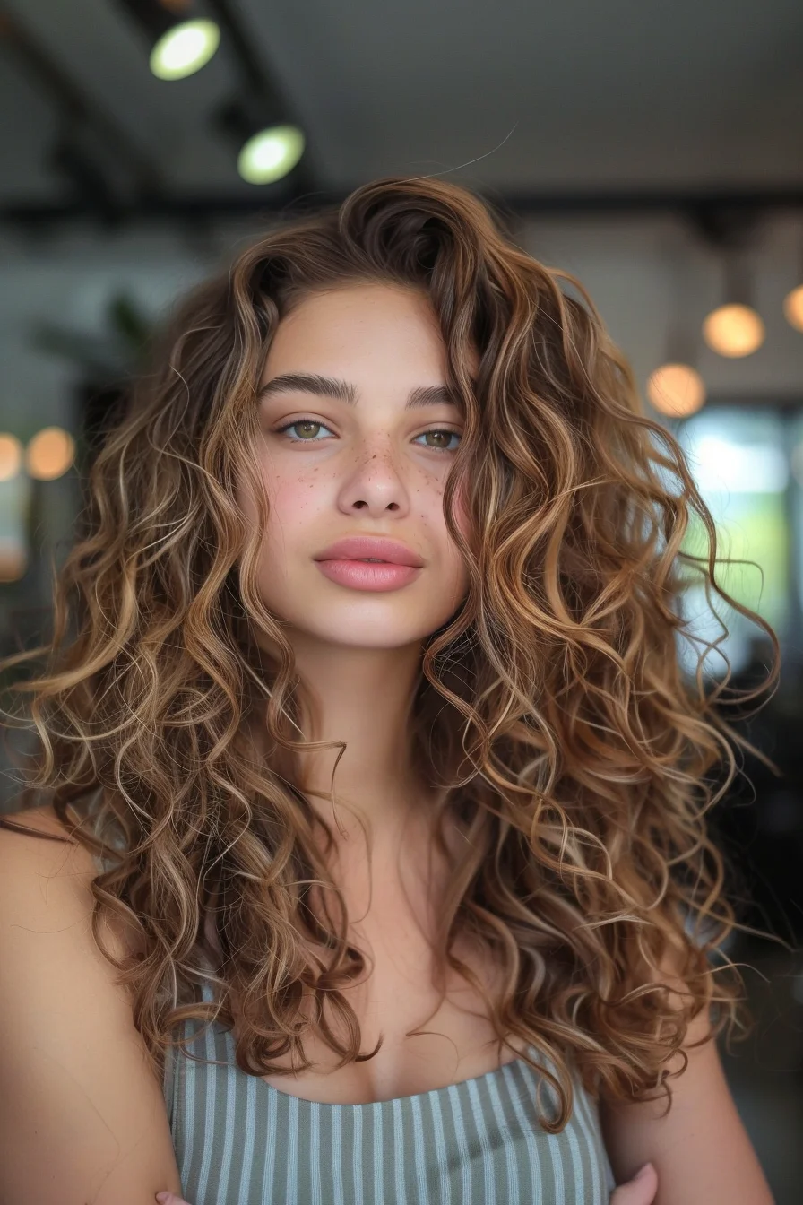 Long, cascading curls in a warm, golden brown shade define this stunning hairstyle. The curls are soft and natural, with layers that add movement and dimension. The rich color enhances the natural beauty of the curls, creating a look that's both effortless and glamorous. Perfect for showcasing natural curl patterns with a touch of warmth.