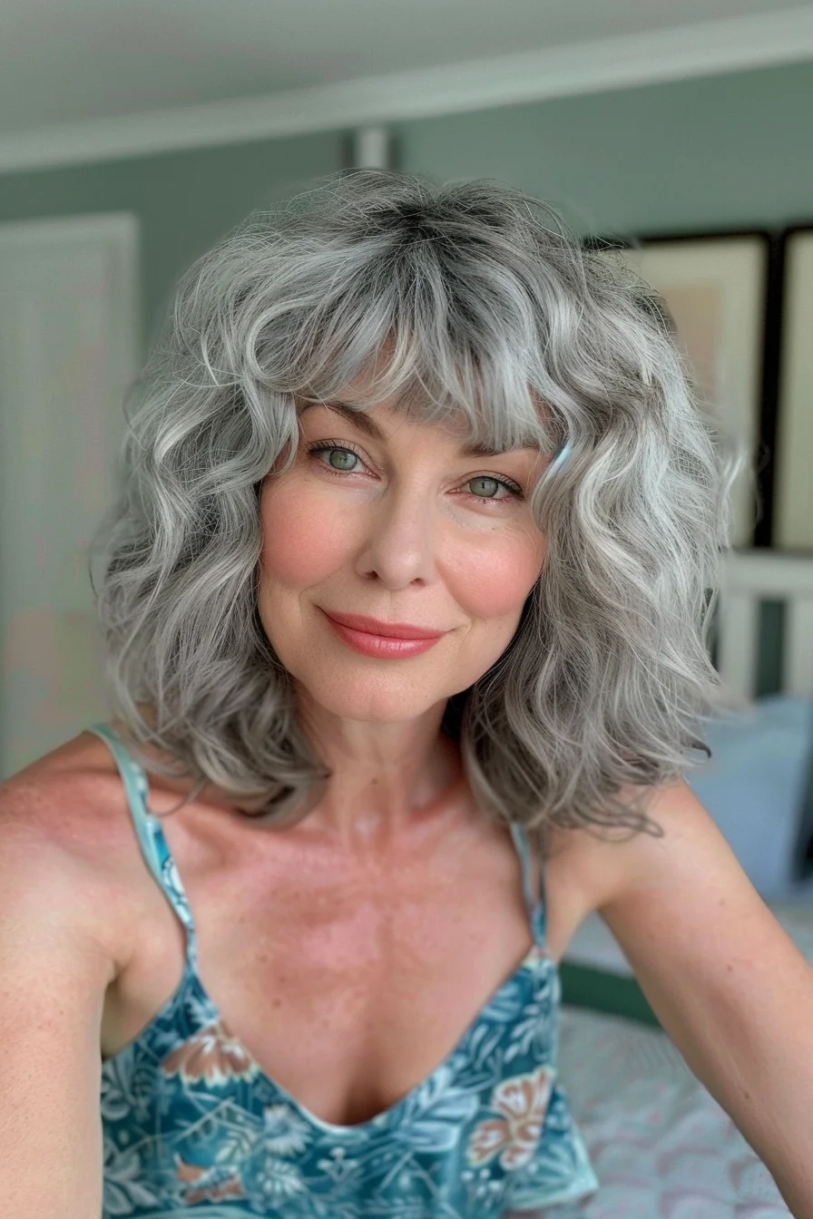 Embracing natural gray, this shoulder-length curly haircut features a full fringe that adds a youthful twist. The curls are soft and voluminous, framing the face beautifully. The natural gray color is highlighted with subtle layers, enhancing the texture and giving a fresh, modern vibe to a classic look.