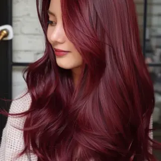 This sleek, long hairstyle is accentuated by a deep cherry red color that exudes richness and warmth. The straightened strands allow the color to take center stage, highlighting the smooth, glossy finish that gives the hair a sophisticated sheen.
