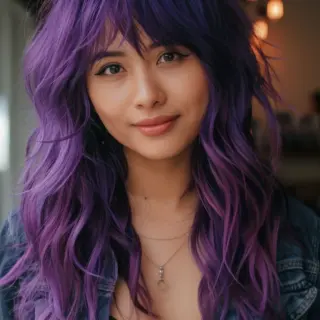 This stunning hairstyle features long, layered waves in a vibrant purple hue. The full, wispy bangs add a playful and youthful touch, framing the face beautifully. The loose waves create a soft and romantic look, perfect for those wanting a striking yet elegant style that showcases a bold, vivid color.