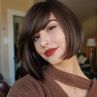 A classic bob with side-swept bangs provides a timeless and elegant look. The smooth, straight layers of the bob, coupled with the neatly side-swept bangs, create a refined and polished appearance. This hairstyle is ideal for those looking for a low-maintenance yet stylish option that complements any face shape.