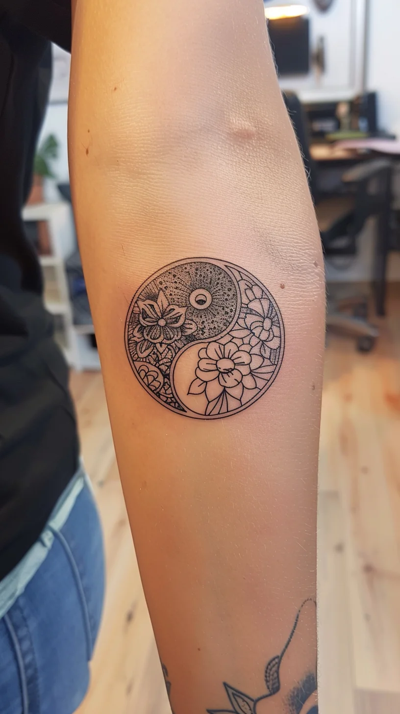 A yin-yang symbol intricately designed with floral patterns represents balance, harmony, and the duality of life. The interwoven flowers within the classic black-and-white symbol add a touch of softness and beauty, emphasizing the interconnectedness of opposites. This tattoo embodies the equilibrium between light and dark, strength and delicacy, offering a serene and profound visual statement.