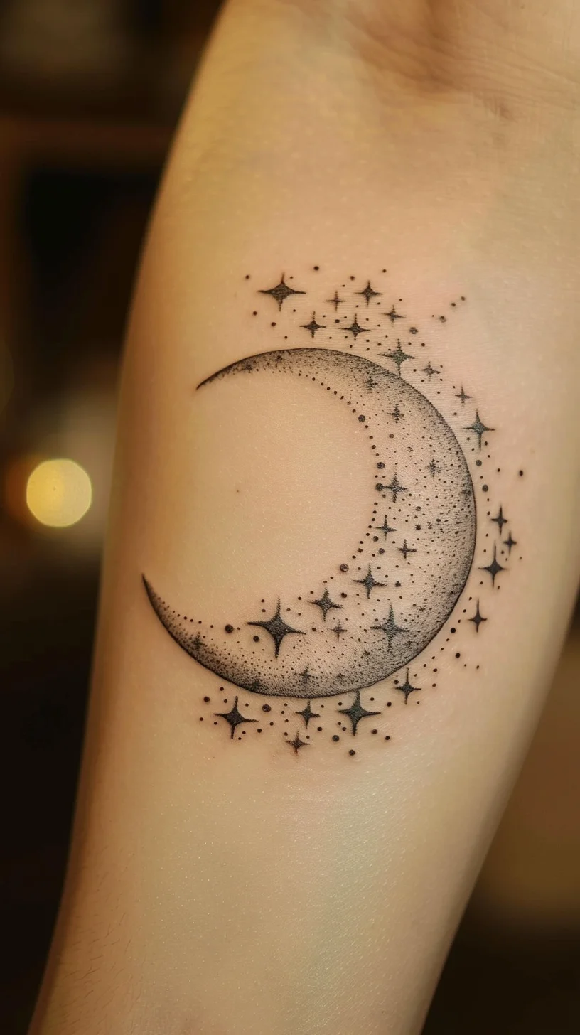 A crescent moon enveloped in a cluster of twinkling stars represents intuition, dreams, and the mysteries of the night. The gentle curve of the moon combined with the delicate starry details evokes a sense of calm and wonder, symbolizing the beauty and serenity found in the universe. This tattoo celebrates the ethereal and the cosmic.