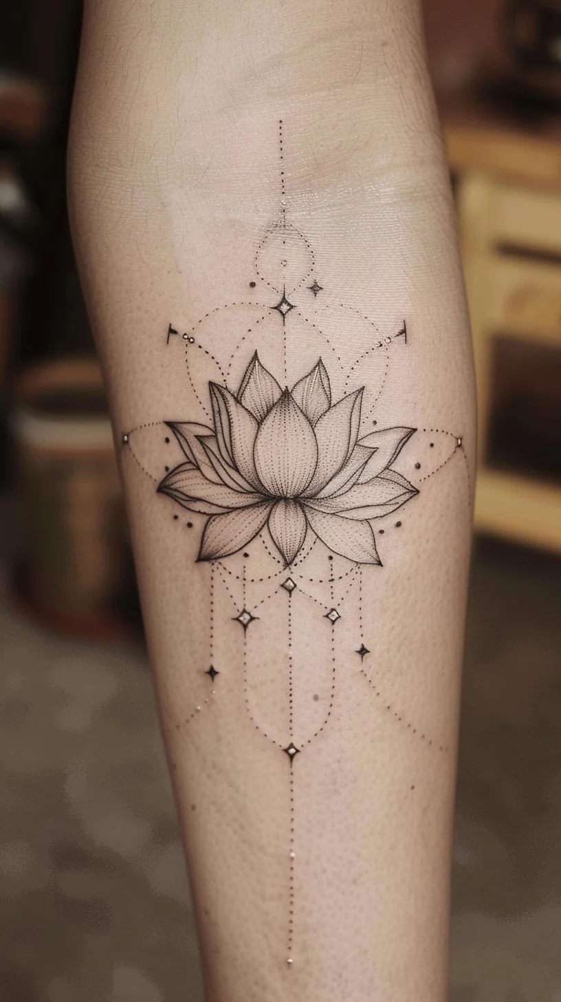 A gracefully detailed lotus flower signifies purity, enlightenment, and rebirth. The geometric patterns and fine dot work create a harmonious design, emphasizing the lotus's journey from the mud to bloom beautifully above the water. This tattoo is a powerful representation of spiritual growth and the continuous quest for wisdom and clarity.