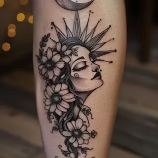 A serene face framed by flowers and crowned with a crescent moon evokes a sense of calm and mysticism. The moon symbolizes intuition and dreams, while the flowers add a touch of natural beauty and growth. This tattoo reflects the harmony between the mind, nature, and the cosmos, highlighting the journey towards inner peace and spiritual awakening.