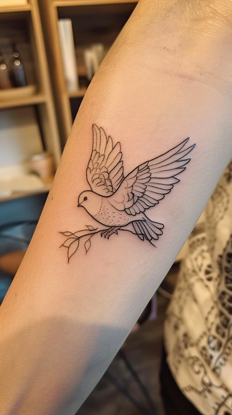 A dove carrying an olive branch represents peace, hope, and renewal. The simple yet elegant line work captures the grace and serenity of the dove in flight, symbolizing the message of peace and reconciliation. This tattoo is a timeless emblem of harmony and the aspiration for a peaceful world.
