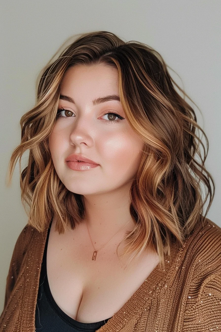 A shoulder-length bob with soft waves adds volume and movement. Highlights of caramel blend seamlessly with the natural brunette base, creating dimension and a sun-kissed effect. The side parting frames the face, emphasizing the eyes and cheekbones.
