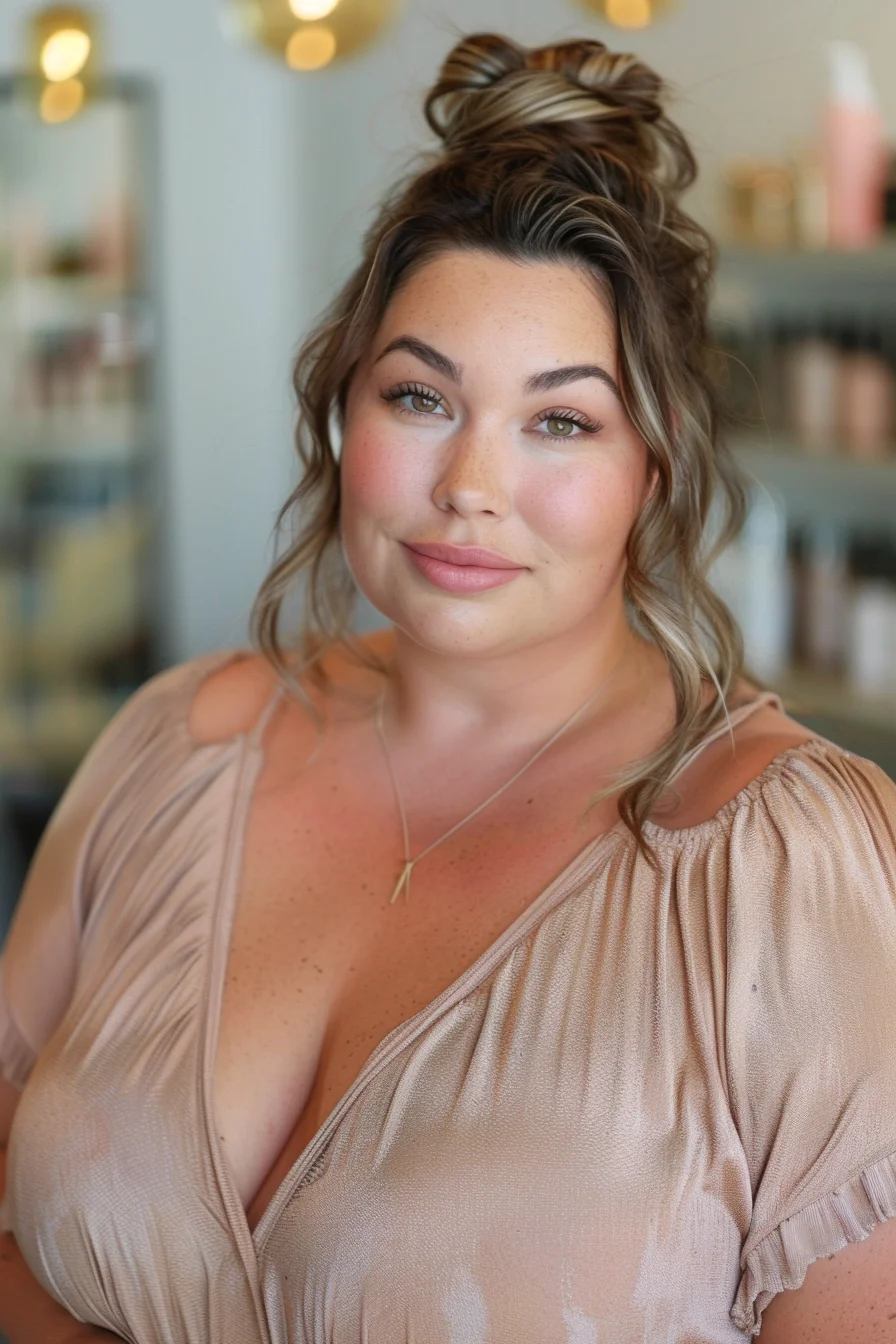Soft, voluminous waves in a shoulder-length cut create a romantic look. The combination of dark brown roots and lighter caramel ends provides a beautiful contrast. The loose waves add dimension and fullness, enhancing the natural beauty of a fuller face.