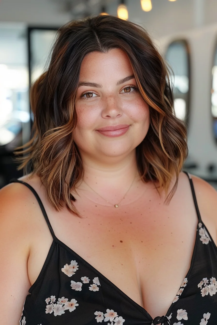 Loose waves with a shoulder-length cut give this hairstyle a relaxed and natural look. The dark brown base is complemented by lighter caramel highlights that add depth and dimension. The waves create volume and movement, enhancing the overall fullness of the face.