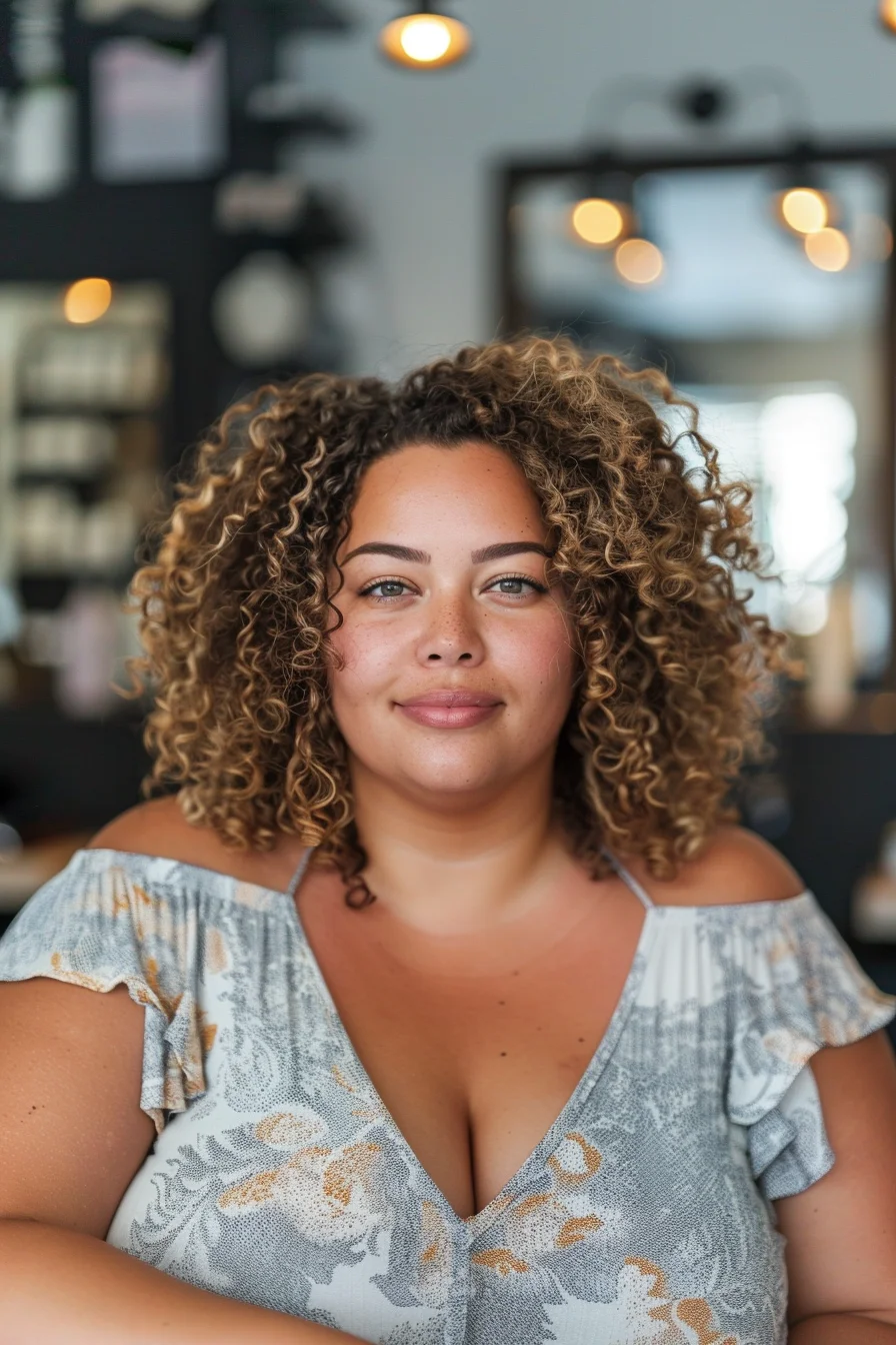 A voluminous, curly bob with tight ringlets adds a playful and vibrant touch. The rich, warm tones of the hair enhance the natural curls, giving them definition and bounce. The curls frame the face perfectly, adding width and volume that balances a fuller face shape.