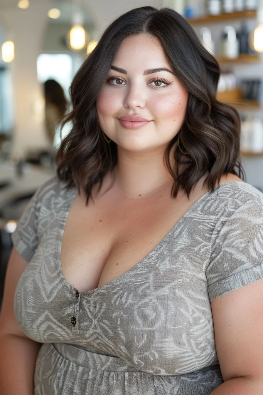 Soft, voluminous waves in a shoulder-length cut create a romantic and elegant look. The dark brown hair color is rich and shiny, giving the waves a healthy and luscious appearance. The waves add texture and movement, making this style flattering for fuller faces.