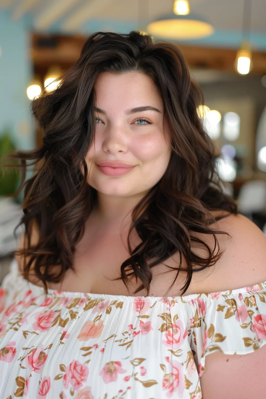 Loose curls in a shoulder-length cut offer a playful and youthful appearance. The dark brunette base adds depth, while the subtle highlights bring out the texture of the curls. This hairstyle provides volume and softness, enhancing the natural curves of the face.
