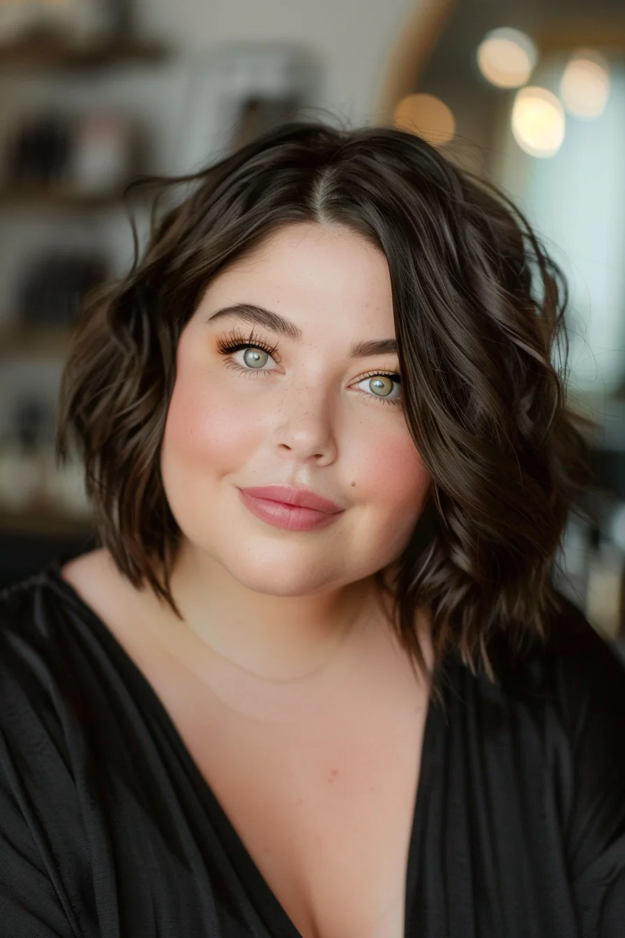 A chic wavy bob with a side part gives this hairstyle a modern and sophisticated look. The dark brown hair color adds depth, and the soft waves provide a natural and effortless texture. This style frames the face beautifully, adding a touch of elegance.