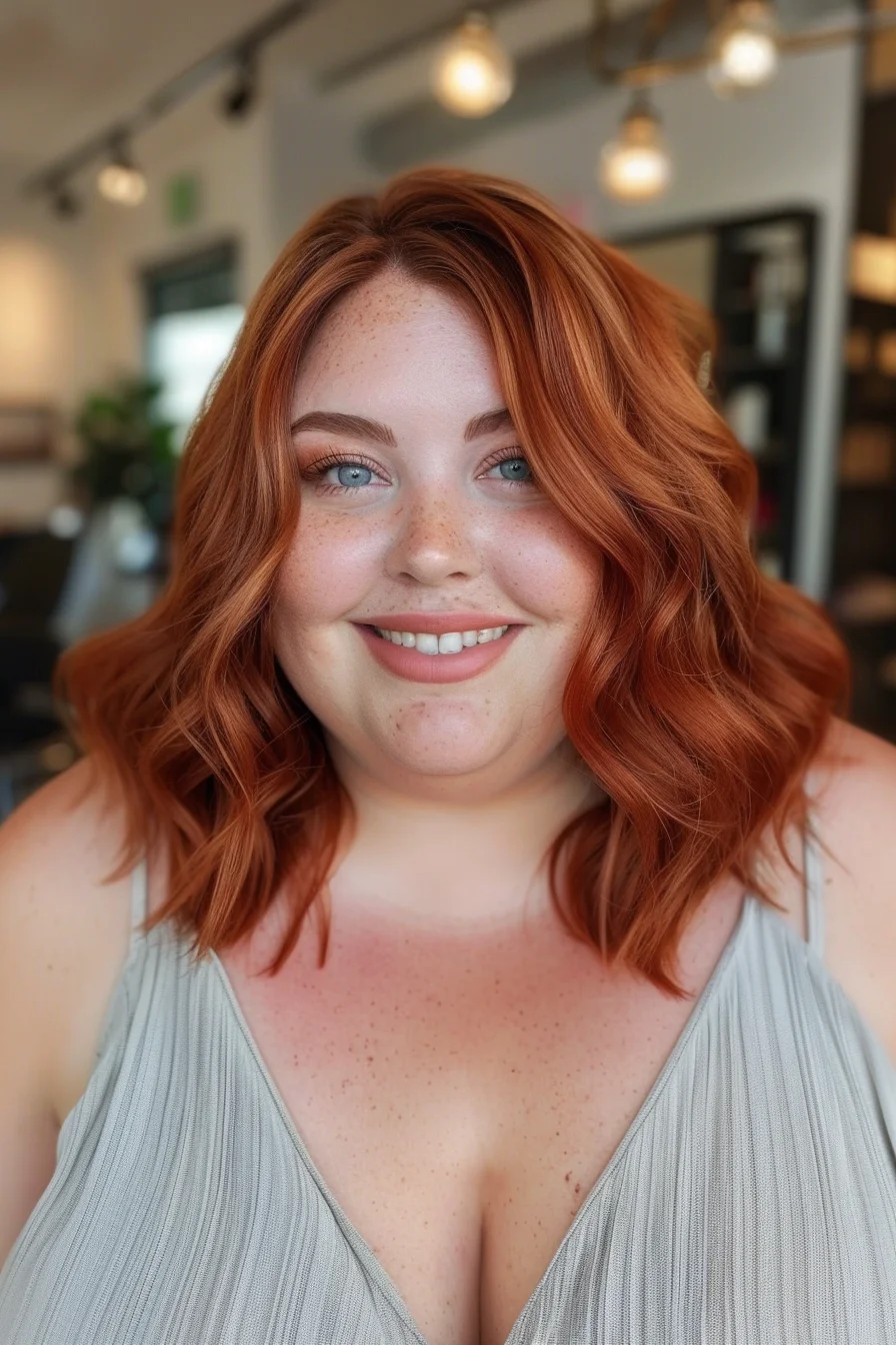 A shoulder-length cut with loose waves provides a casual and relaxed style. The rich red hair color adds vibrancy and warmth, making the waves stand out. This hairstyle is perfect for adding volume and texture, highlighting the natural beauty of a fuller face.