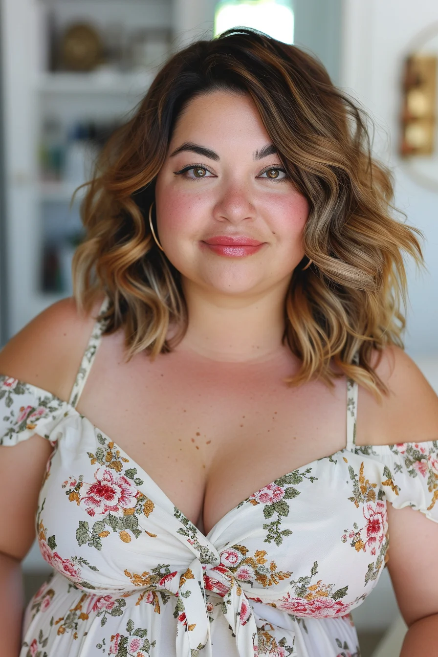 Soft waves with a shoulder-length cut create a feminine and flattering look. The light brown base with blonde highlights adds brightness and dimension to the hair. The waves add texture and volume, making this hairstyle ideal for enhancing fuller face shapes.