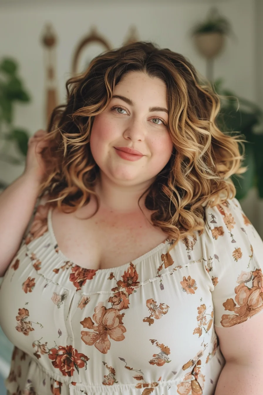 Loose, voluminous waves in a shoulder-length cut give this hairstyle a romantic and whimsical feel. The rich brown base is complemented by caramel highlights, adding depth and dimension. The waves frame the face beautifully, enhancing its natural curves.