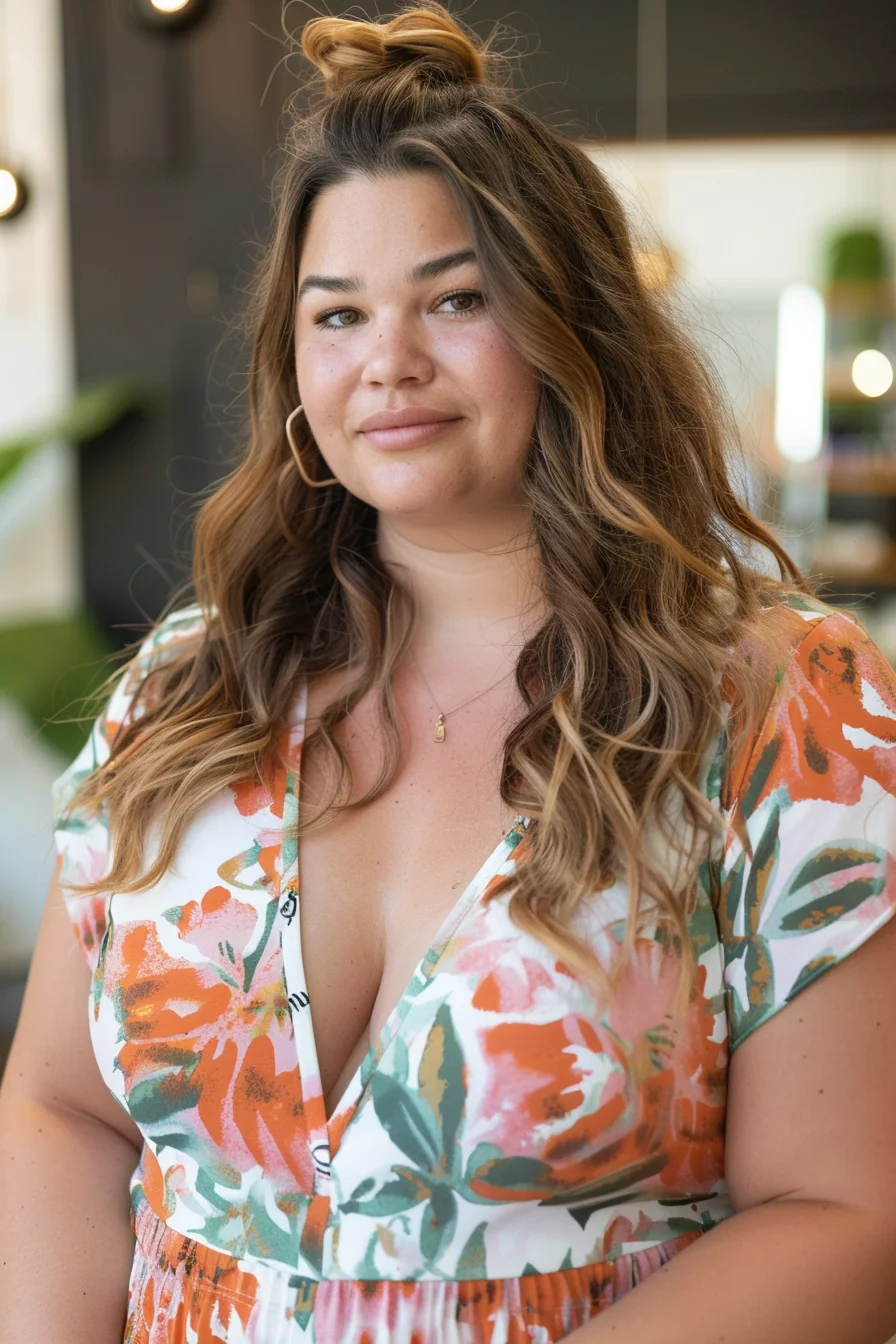 Long, loose waves with a half-up, half-down style provide a playful and modern look. The hair color is a warm, golden brown with lighter highlights, adding dimension and brightness. This style adds volume at the crown, balancing the fullness of the face.