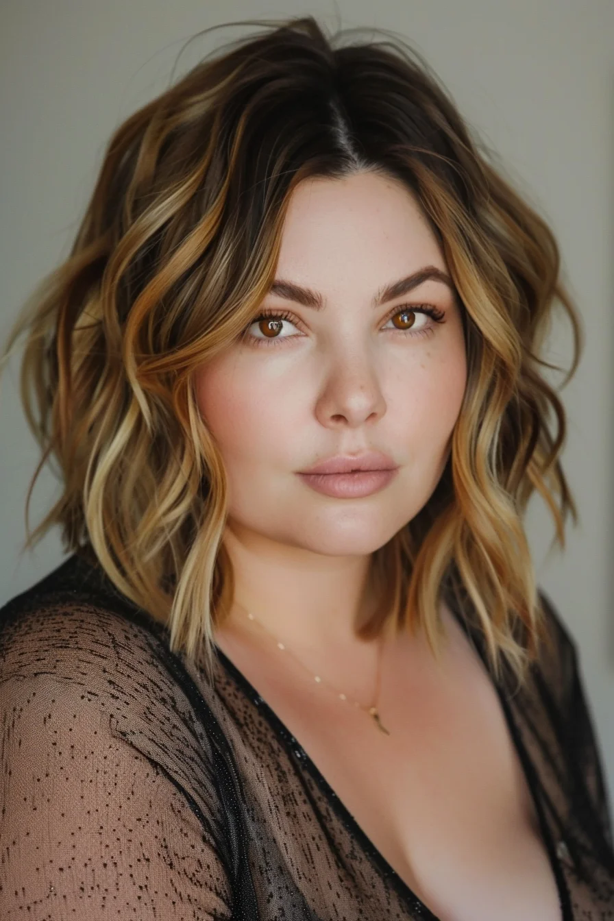 Soft waves fall just above the shoulders, with a mix of honey and caramel highlights adding depth to the medium brown base. The loose, effortless curls give the hairstyle a relaxed, beachy vibe, enhancing the face shape by adding width and volume at the sides.