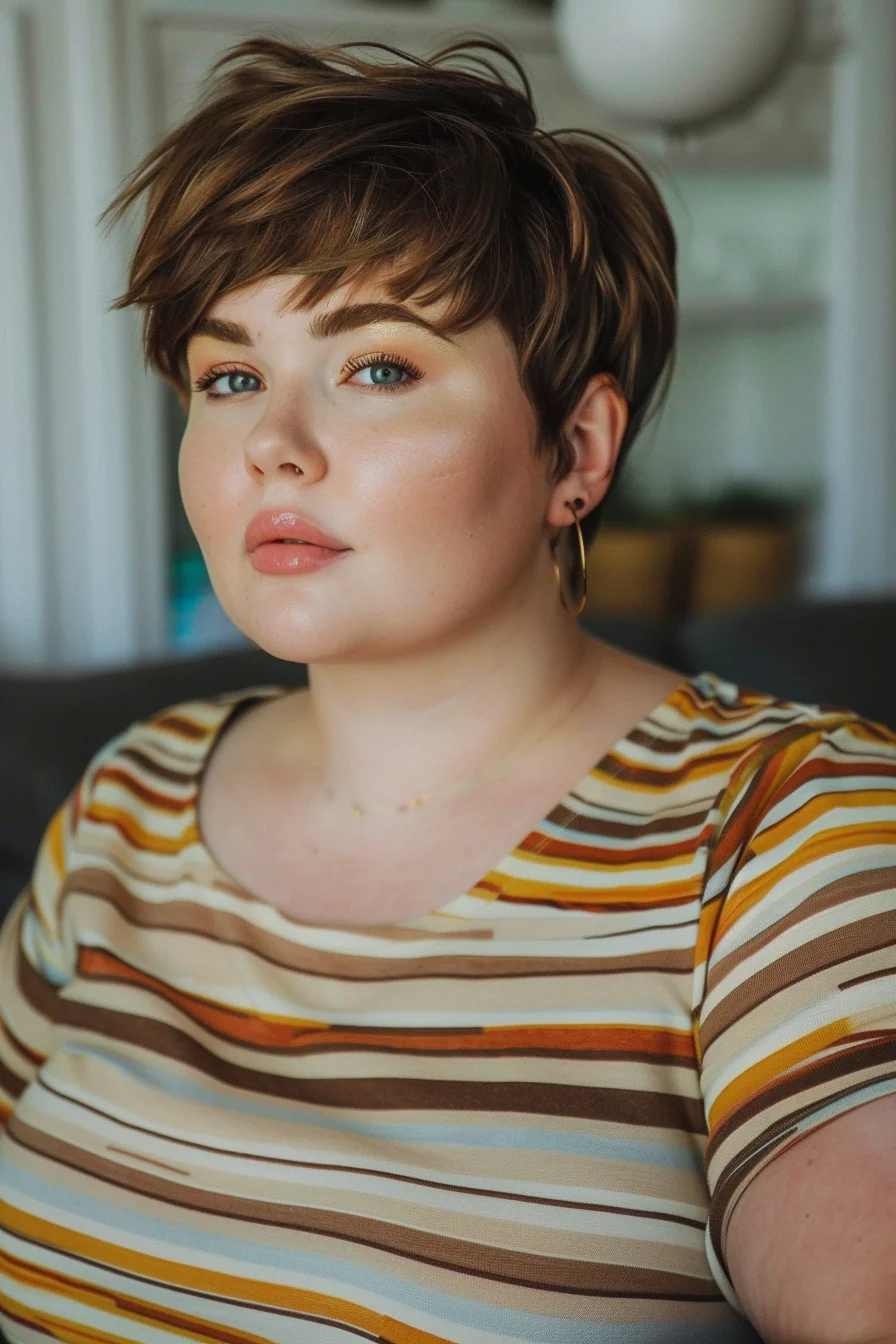 A chic pixie cut with soft, tousled layers offers a modern and edgy look. The dark blonde hair color with lighter highlights adds depth and dimension. The short layers create texture and movement, making this style flattering and stylish for fuller faces.