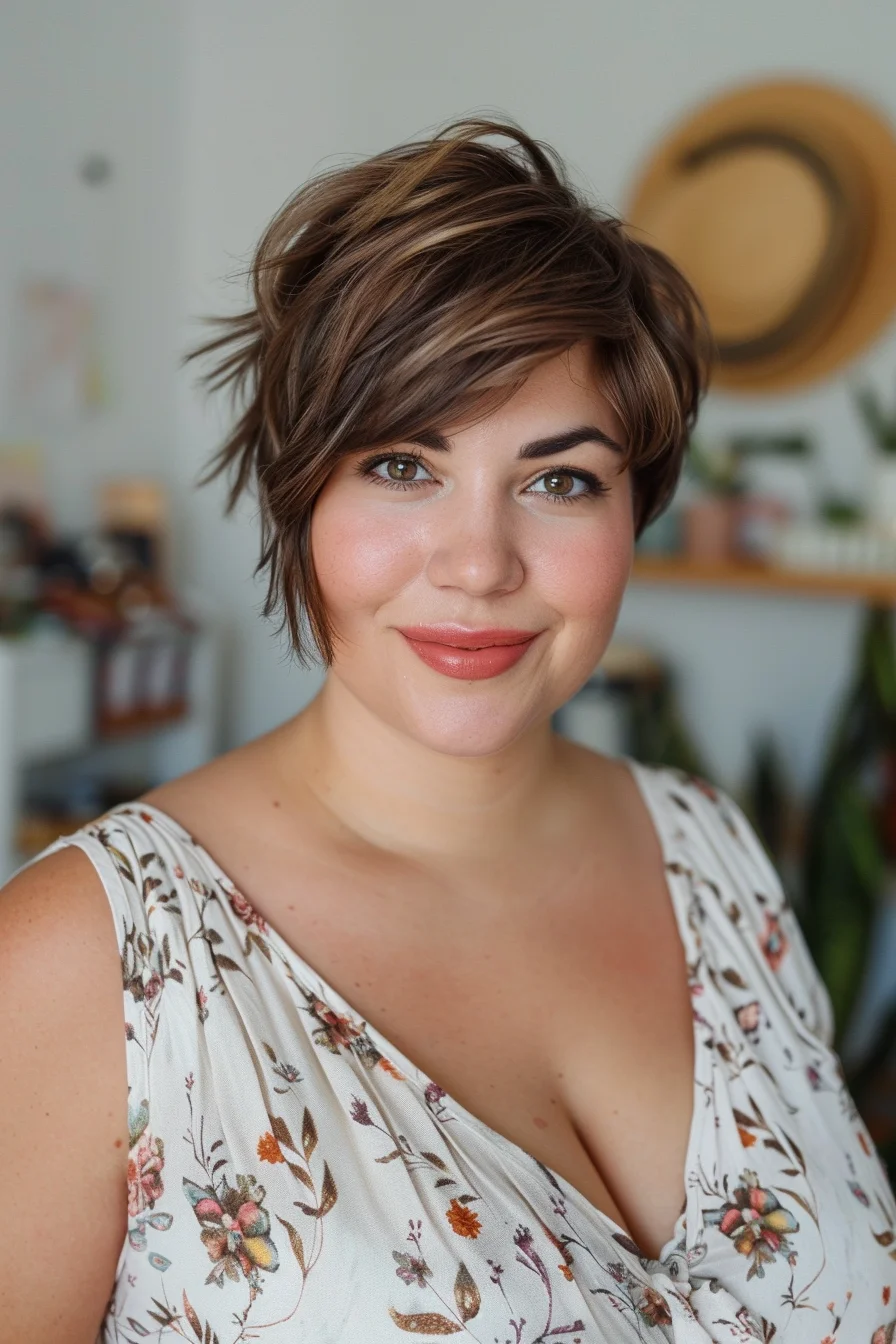 A textured pixie cut with subtle layers adds volume and dimension. The dark brown color with soft highlights complements the facial structure, drawing attention to the eyes and cheekbones. This hairstyle is low-maintenance and perfect for enhancing natural features.